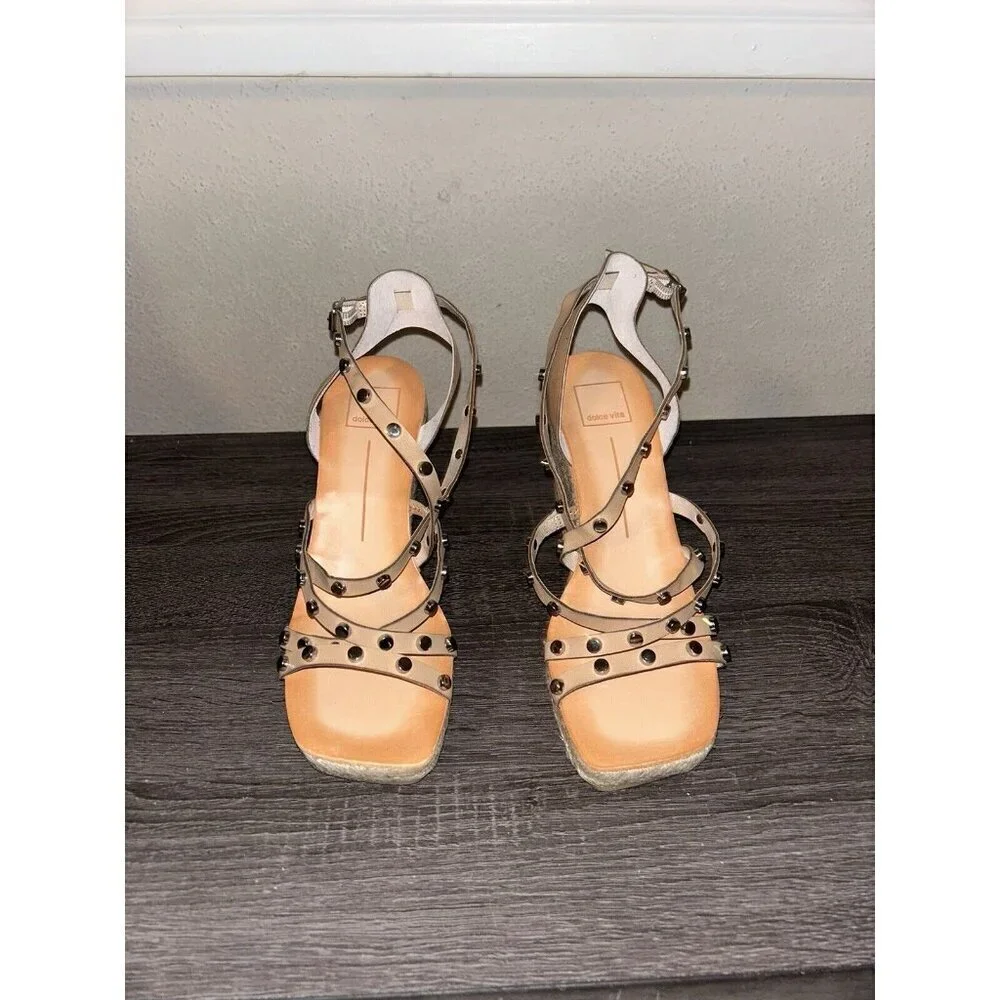 Dolce Vita Maxton Tan Espadrille Strappy Studded Square Wedge Sandals Size 9